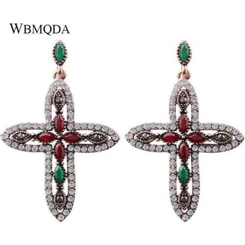 Wbmqda Luxury Crystal Cross Drop Earrings For Women Antique Gold Boho Ethnic Earings Religious Statement Jewelry