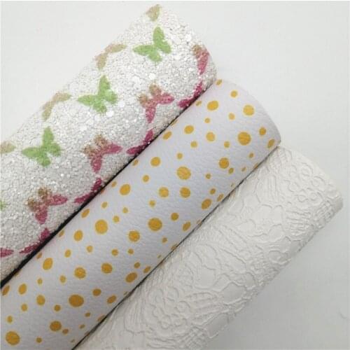 Butterflies Printed Chunky Glitter Leather Fabric Polka Dots Printed Synthetic Leather Lace Embossed Faux BOWS DIY 21X29CM G531