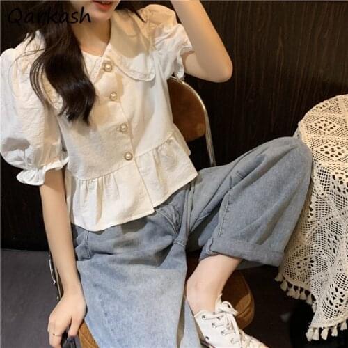 Shirt Women Summer Casual Peter Pan Collar Top Ins Short Sleeve Lady Lace Patchwork Ruffles Design College Cropped Camisas Mujer