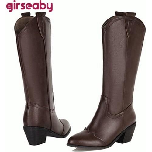 Girseaby Women PU Leather Western Mortorcycle Ridding Knee High Chunky Boots Low Square Heel Pull On Big Size 33-46 S2434