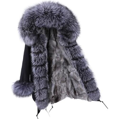 Maomaokong Women coat winter natural raccoon fox fur collar long coat real rabbit fur lining parkas Womens jacket