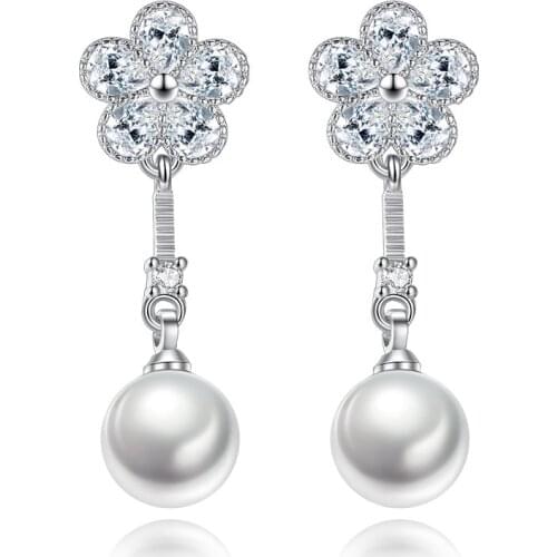 100% 925 sterling silver fashion pearl crystal flower stud earrings for women jewelry wholesale gift Anti allergy