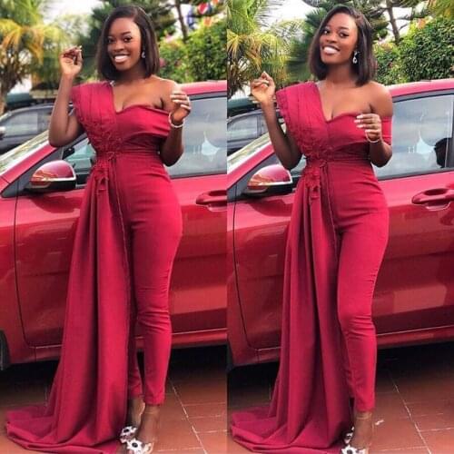 African Plus Size One Shoulder Jumpsuit Evening Formal Gowns Satin Red Long Prom Party Dresses vestidos de fiesta 2020