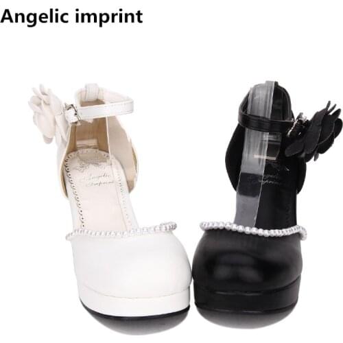 Angelic imprint woman mori girl lolita cosplay shoes lady high heels pumps women princess dress party shoes 33-47 flowers pearl