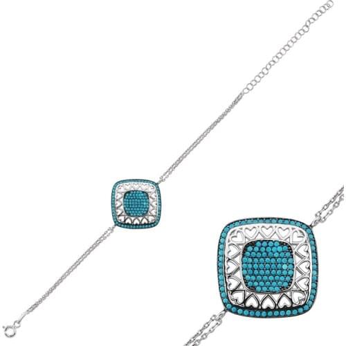KUTAYDAN 925 Sterling Silver Nano Turquoise Stone Heart Square Bracelet