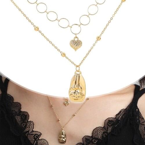 Double Layers Necklace Circle Heart Pendant Choker Chain Gold Color Charming Face Graph Drop Necklace Female Banquet Jewelry