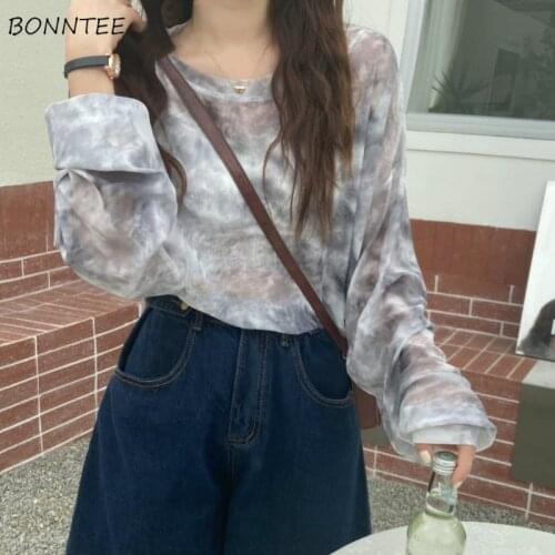 T-Shirts Women Tie Dye Summer Hot Tees Sexy Ladies Tops All-match Sun Protection Preppy Style Ins Baggy Long Sleeve Streetwear