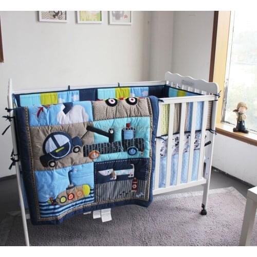 2014 New 7pcs Embroidered Baseball Sports Pattern Boby Baby Cot Crib Bedding Set 4 items includes Quilt Bumper Sheet Skirt