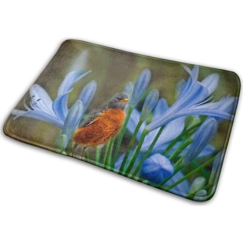 Robin In Flowers Mat Rug Carpet Anti-Slip Bedroom Entrance Door Mat Bird Robin Flower Lily Blue Nature Texture Hdr Spring