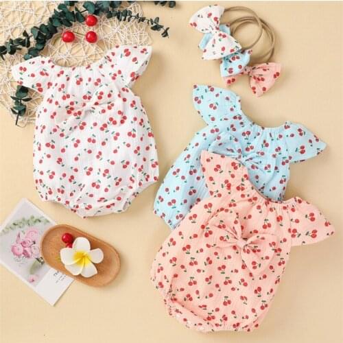 Newborn Summer Clothes Baby Girls Romper Headband 2pcs Cherry Print Ruffle Fly Sleeve Jumpsuits