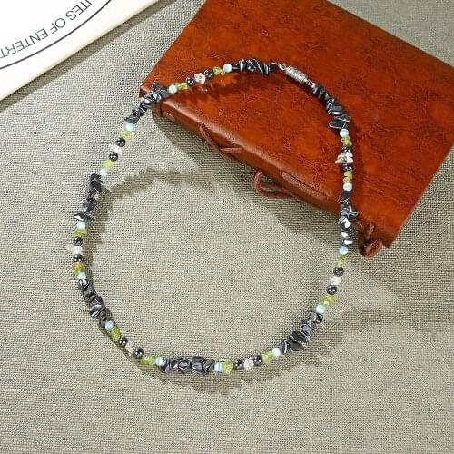 Fashion Short Necklace for Women Natural Hematite Peridot Crystal Stone Irregular Chip Beads Strand Clavicle Choker Jewelry B423