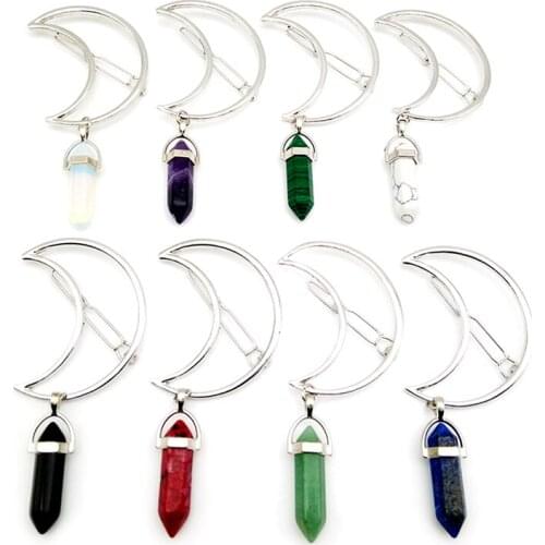 Vintage Fashion Womens Cresent Moon Hair Clips Quartz Hexagon Natural Stone Bullet Prism Charm Hairpin Gifts