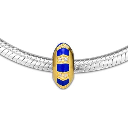 Fashion Golden Shine Jewelry Clear CZ Blue Enamel Stripes Spacer Beads for Charms Bracelets Silver 925 Beads for Jewelry Making