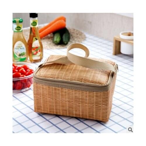 New Hot Sale Portable Insulated Thermal Cooler Lunch Box Carry Tote Picnic Case Storage Bag Rattan-like Bento Bag Outdoor Travel