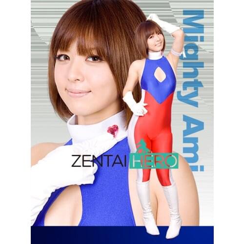 New Arrival Womens Spandex Bodysuits Sexy Chest Hole Blue Red Giga Lady Hero Zentai Catsuit with Gloves