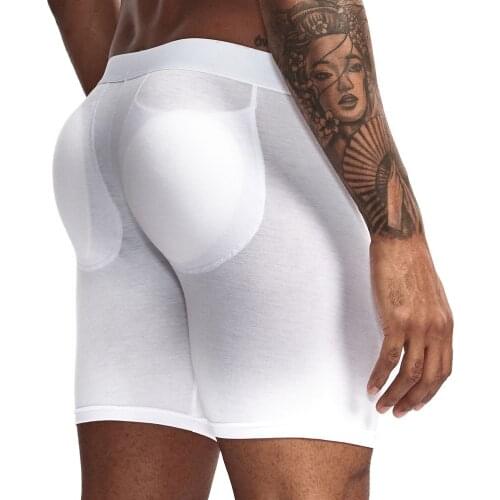 The new mens hip-lifting underpants long mens flat-angle underpants anti-wear leg removable cup pad