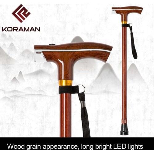 NEW old man stick with lamp intelligent wood color multifunctional crutch scalable lighting rod old outdoor walking stick