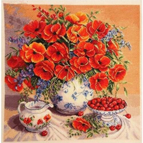 Needlework,DIY DMC Cross stitch,Sets For Embroidery kits,Poppy and cherry flowers teaport Patterns Cross-Stitch kits home decor