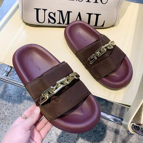 Women Metal Chain Summer Sandals Flat Open Toe Flip Flops Comfortable Platform Female Shoes Women Loafers Lazy Black Slippers