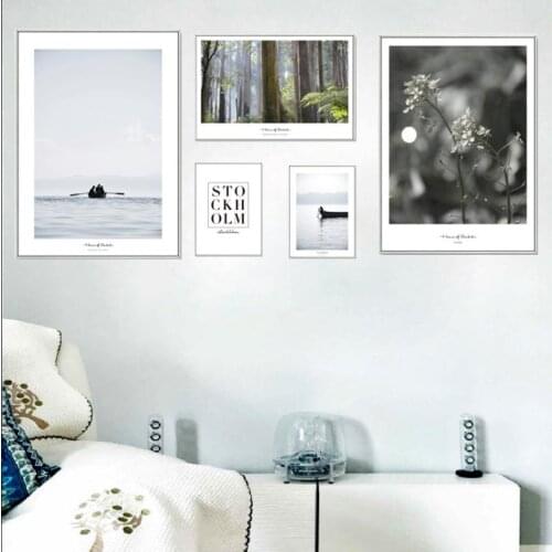 Nordic Decor Canvas Print Swedish City Stockholm Lake View Boat Forest Photo Mural Modern Home Decoration Canvas Painting Unfram