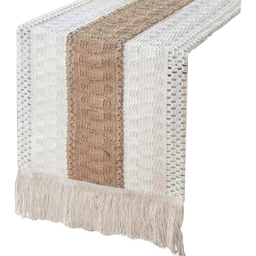 Table Runners Natural Burlap Splicing Cotton Boho Table Runner with Tassels for Bohemian Rustic Home Dining Wedding Table Decor