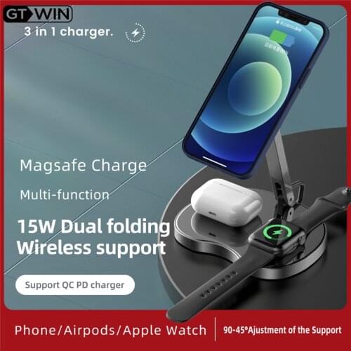 GTWIN 3in1Dual Folding Wireless Charger Stand 15W Fast Charging For Phone/AirPods/Apple Watch Charge Dock Station Metal Material