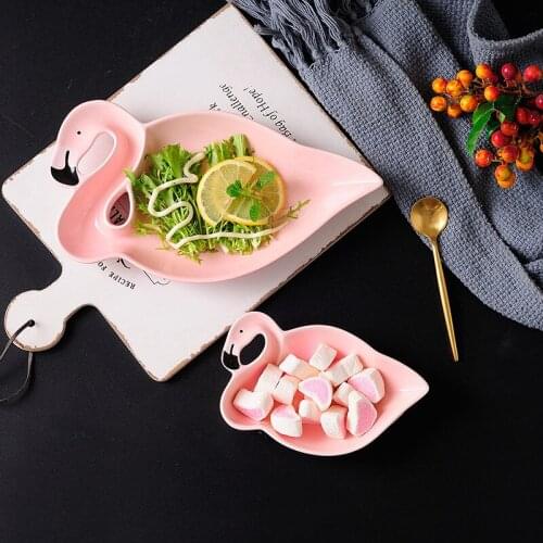 Nordic Dinner Plate Pink Flamingo Ceramic Salad Bowl Creative Dessert Fruit Snack Plate Breakfast Tableware 6.5 / 10 Inch Plate