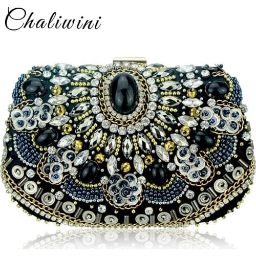 Vintage Embroidery Women Chain Accessory Black Clutches Party Wedding Evening Bags One Side Diamonds Purse Beaded Clutch bags