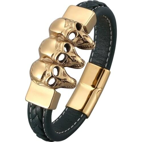 Green Leather Skull Bracelet Men Gold Stainless Steel Magnetic Buckle Punk Gothic Bangles Male Wristband Party Jewelry PD0829