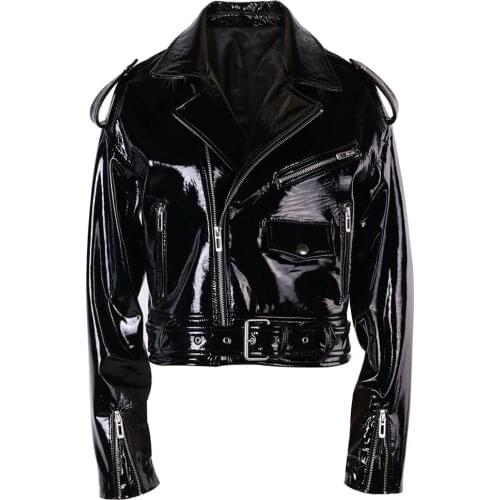 YOLOAgain Oversized Women Genuine Patent Leather Motorcycle Jacket
