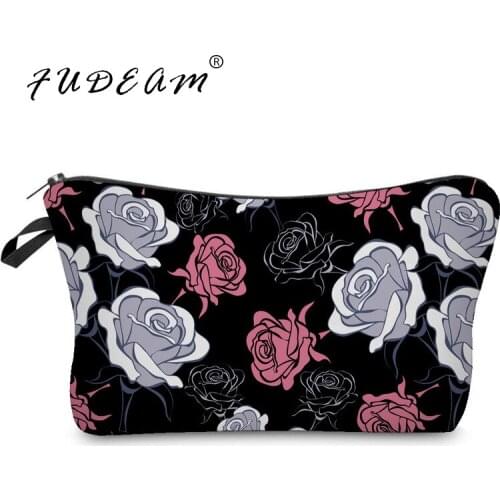 FUDEAM Polyester Black Rose Flower Waterproof Cosmetic Bag Toiletry Storage Organize Travel Make up Bag Female Eyebrow Pen Pouch