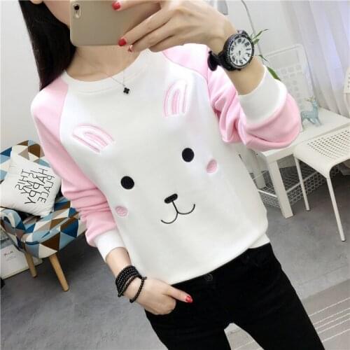 2020 New Autumn Winter Women T-shirt Korean Kawaii Loose Long Sleeve T-shirt Thicken Warm Velour Inside Pullover Sweatshirt