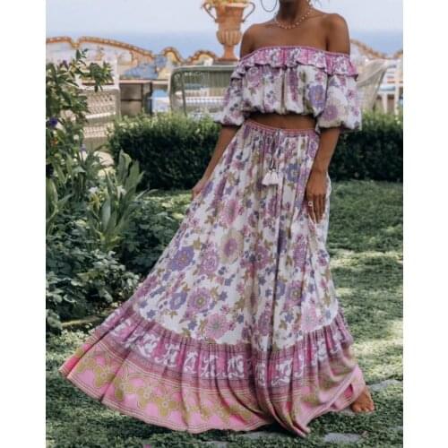 Vintage chic Women two piece outfits ruffles long Sleeve tops Bohemian elestic waist skirts 2 pieces rayon cotton Boho sets