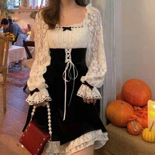 Spring/Autumn Sweet Girl Korea Trendy Woman Lace Patchwork Sexy Cute Lolita Dress Vintage Elegant Woman Bow Puff Sleeve Dress