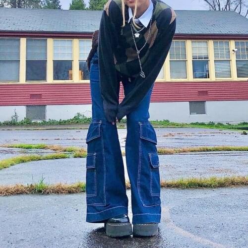 Big Pockets Baggy Blue Jeans Woman Casual Loose High Waisted Denim Trousers E-girl Fashion Straight Streetwear Mujer 2021 New