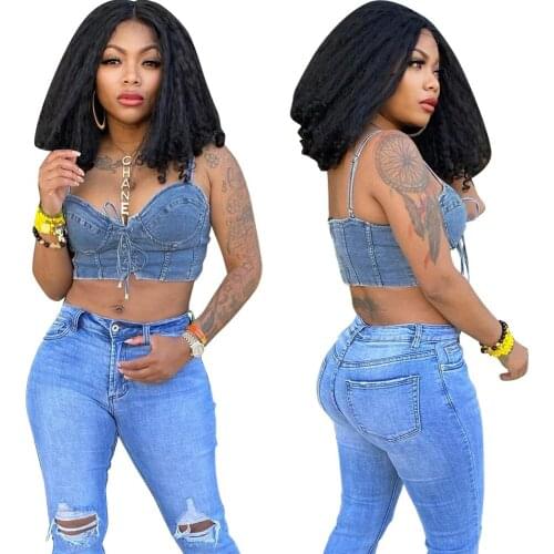 Sexy Tie Front Denim Crop Top Women Streetwear Bandage Spaghetti Strap Camis 2021 Club Party Tops Summer Y2k Fashion Clothes