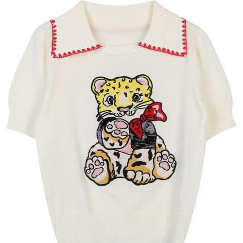 Summer Thin Loose White Knit T-Shirt Lapel Short-Sleeved Animal Leopard Embroidery Top 2021 Summer New Women Pullover