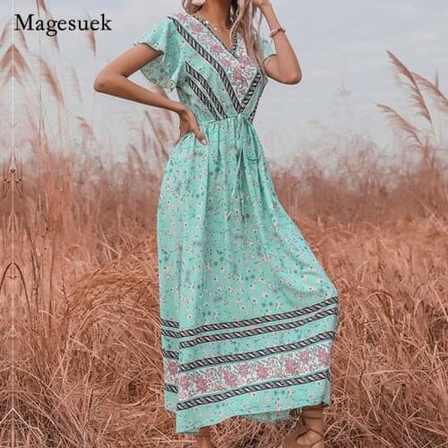 Summer 2021 New Women Maxi Dress Chiffon V-neck Floral Flare Sleeve Elastic Dress for Women Casual Long Dress Vestido 14627