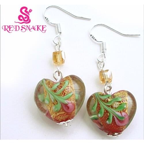 RED SNAKE Fashion Earring Handcraft Heart with flower Murano Glass Dangle Earrings