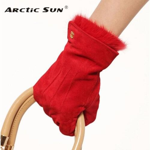 Fashion Rabbit Hair Wrist Women Leather Gloves Genuine Real Pigskin Suede Winter Warm Female Solid Driving Glove L130NN