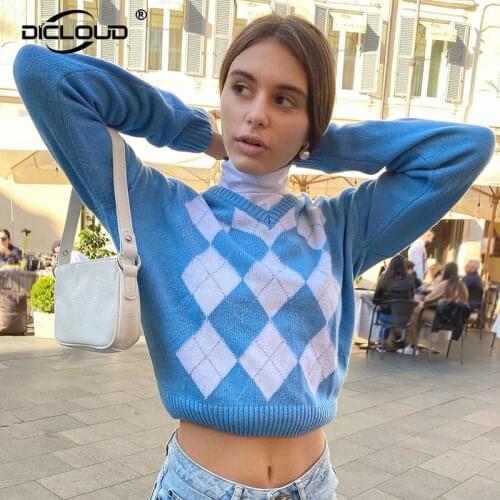 BM Fashion Girls Argyle Plaid Pullover Women Sweaters 90s Vintage V Neck Pull Femme Chic Preppy Style V Neck Autumn Jumper Tops