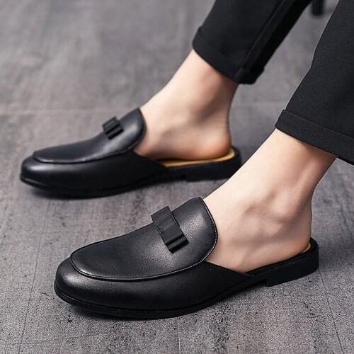 Leather Slippers for Men 2021 Fashion Bow Loafers Black Mules Summer Casual Shoes Men Round Toe Gents Shoes Mens Flats Big Size
