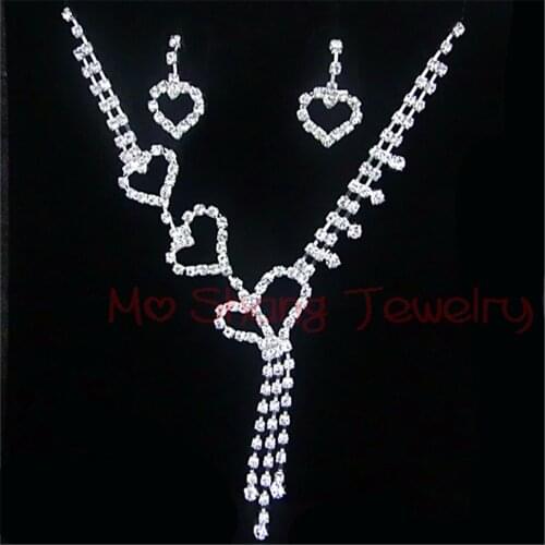 New Fashion Women Wedding White Rhinestone Jewelry Set Brides Bridesmaid or Prom Party Silver Plated Necklace Earrings Set
