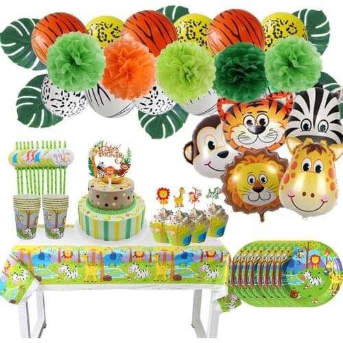 Jungle Decoration Animal Ballons Disposable Tableware Baby Girl Boy 1 2 3 4 5 6 7 8 9 10 Years Safari Birthday Party Supplies