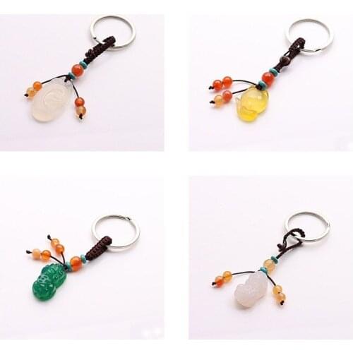 Wholesale Customization Natural Agate DIY Pixiu Fox Leaf Key Ring Jewellery Fashion Accessories Hand-Carved Woman Luck Amulet