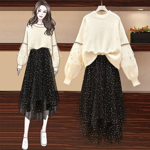 Autumn Winter Women Dress Sequin Mesh Mid-Long Dress Two Piece set Knit Sweater Pullover O-Neck Elastic Waist Long Sleeve Sweet
