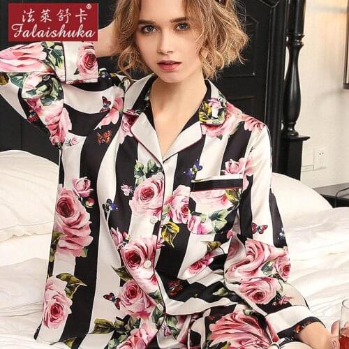 19Mumi Silk Pajama Sets Female Spring Autumn100% Natural Silk Sleepwear Long-Sleeve Two-Piece Printed Women Pyjamas T8184-ZB