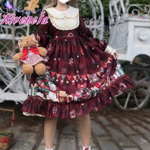 Japanese Lolita Dress Women Long Sleeve Dresse Merry Christmas Kawaii Girls Lolita Printed Cartoon OP Dress Vestidos AFC765
