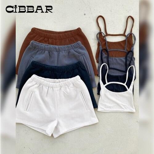 CIBBAR Casual Solid Sportwear Two Piece Sets Women Summer Crop Top And Elastic Shorts Matching Suits Female Athleisure Outfits