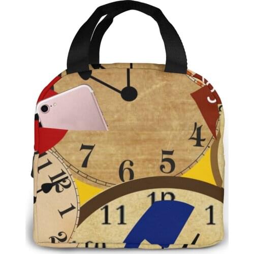 Clocks And Lips Pattern Lunch Bag Portable Insulated Thermal Cooler Bento Lunch Box Tote Picnic Storage Bag Pouch